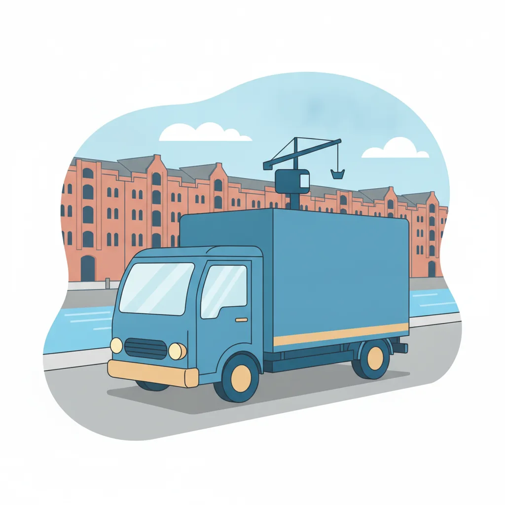 Blauer Beiladungs-Transporter vor der Hamburger Speicherstadt am Hafen
