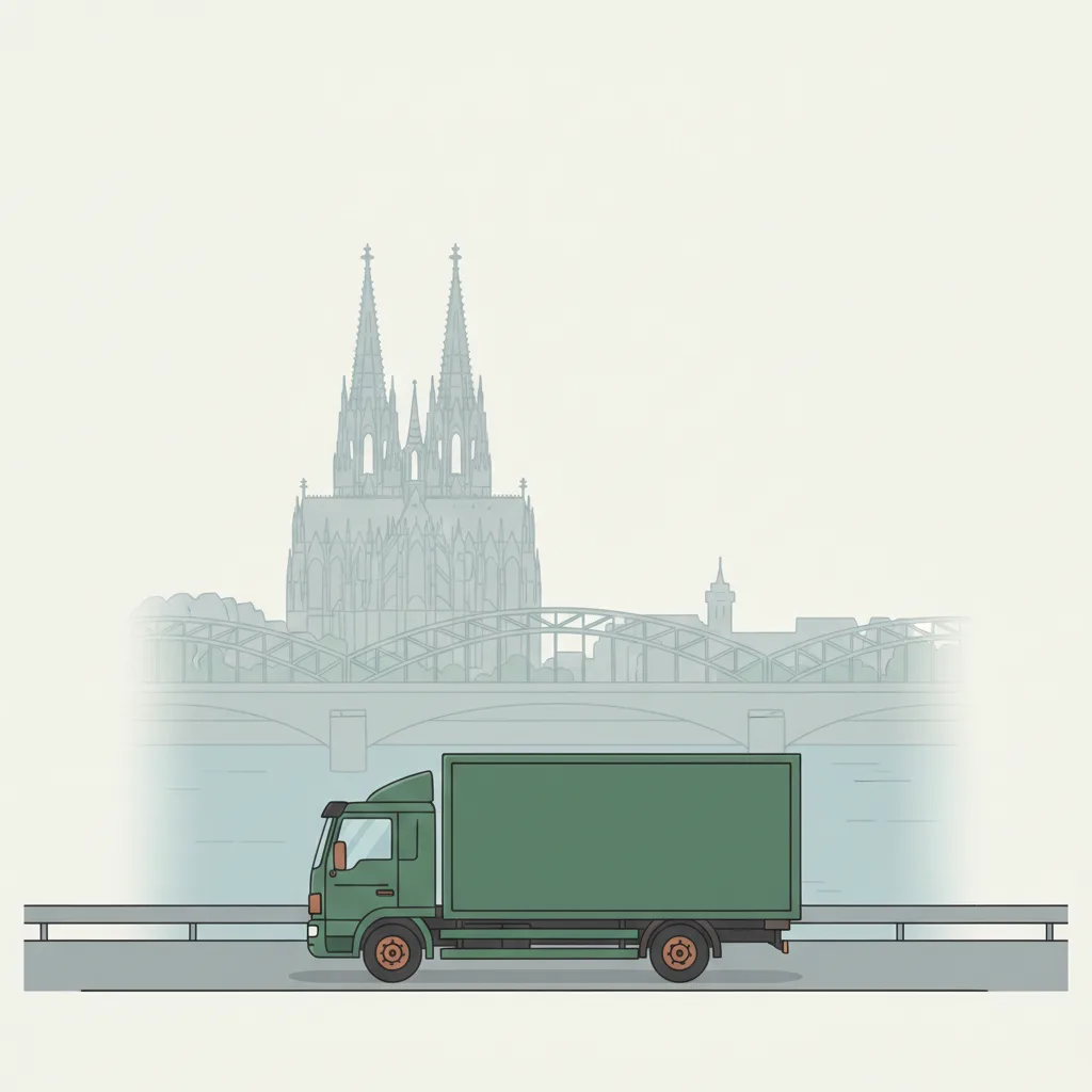 Comic-Illustration: kleiner blauer Transporter fährt vor österreichischem Alpenpanorama – Beiladung von Hamburg nach Österreich