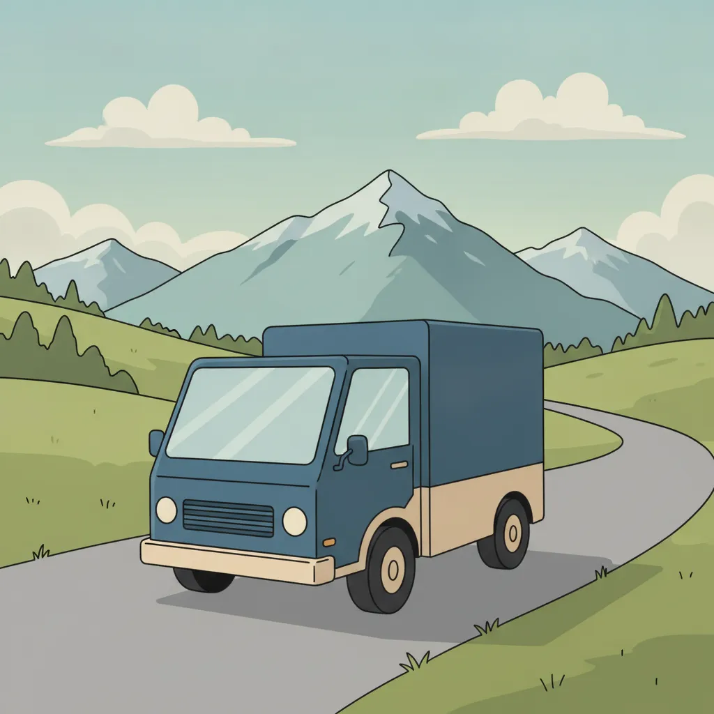 Comic-Illustration: kleiner blauer Transporter fährt vor Schweizer Alpenpanorama – Beiladung von Hamburg in die Schweiz