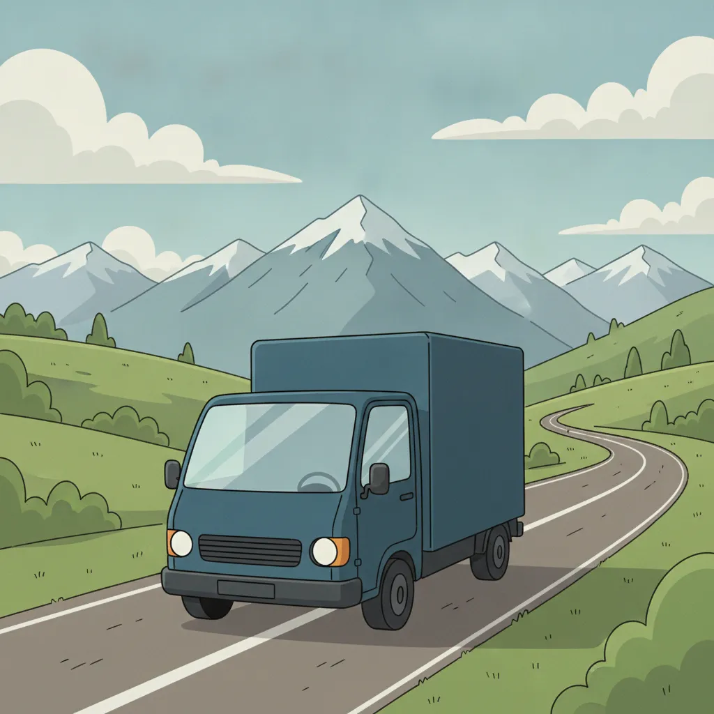 Comic-Illustration: kleiner blauer Transporter fährt vor österreichischem Alpenpanorama – Beiladung von Hamburg nach Österreich