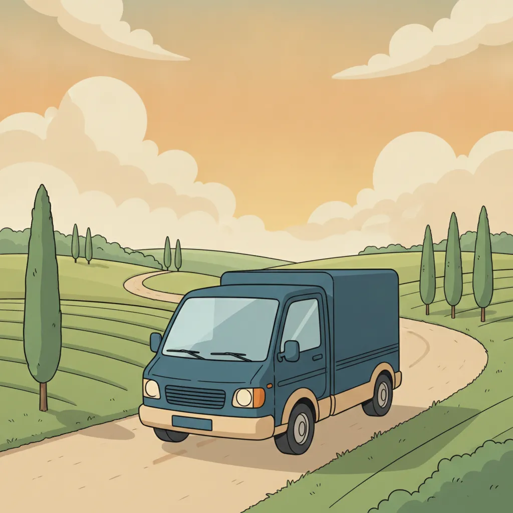 Comic-Illustration: kleiner blauer Transporter fährt vor italienischer Hügellandschaft mit Zypressen – Beiladung von Hamburg nach Italien