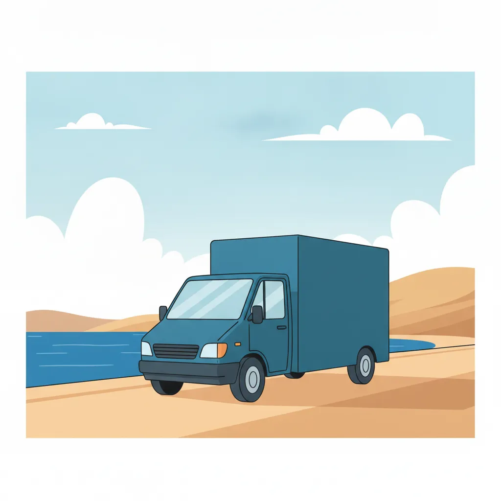 Comic-Illustration: kleiner blauer Transporter fährt vor spanischer Mittelmeerküste – Beiladung von Hamburg nach Spanien