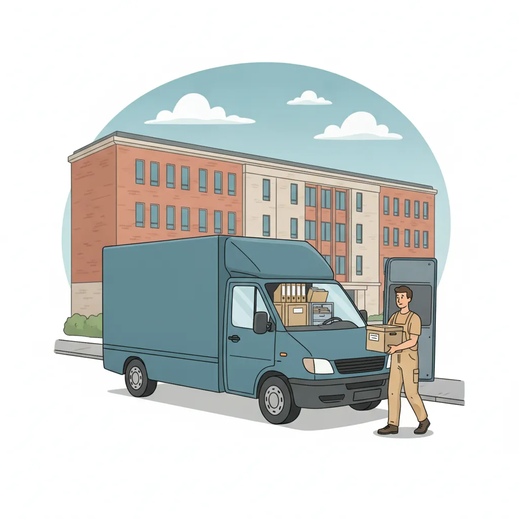 Comic-Illustration: durchnummerierte Aktenkisten und ein Rollcontainer der Verwaltung werden vor einem Hamburger Amtsgebäude in einen blauen Transporter geladen – Behördenumzug in Hamburg