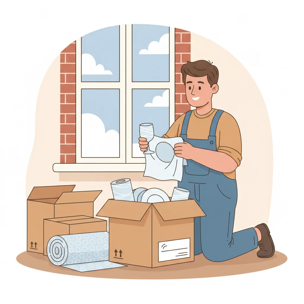Comic-Illustration: Helfer packt Geschirr bruchsicher in Umzugskartons in einer hellen Hamburger Altbauwohnung – Ein- und Auspackservice in Hamburg