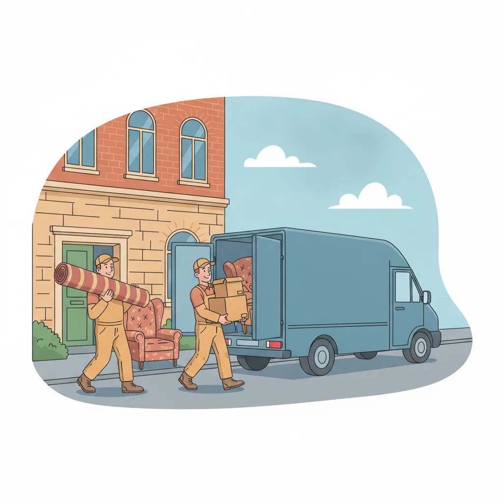 Comic-Illustration: zwei Helfer tragen alte Möbel und Sperrgut aus einem Hamburger Altbau-Keller zu einem blauen Transporter – Entrümpelung in Hamburg