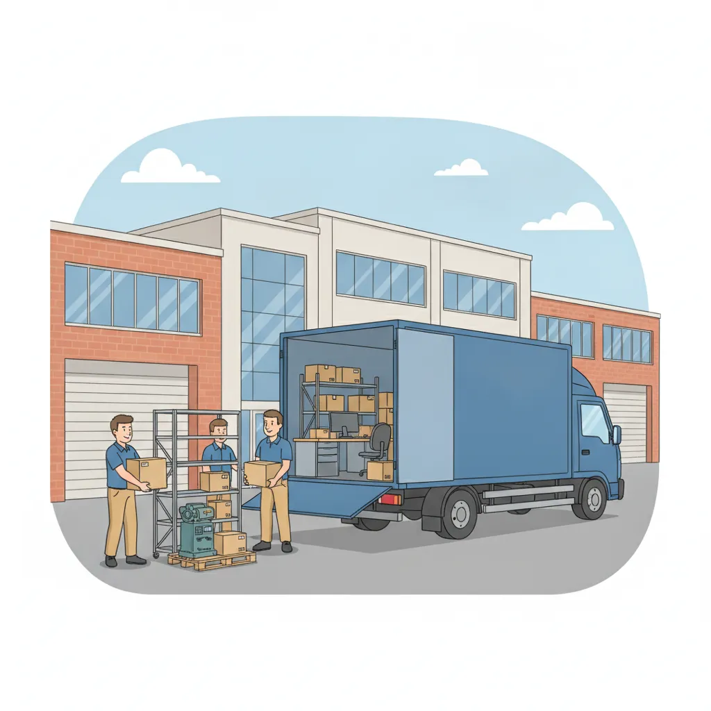 Comic-Illustration: Betriebsausstattung, Lagerregale, IT und Maschinen werden vor einem Hamburger Gewerbegebäude in einen blauen LKW verladen – Firmenumzug in Hamburg