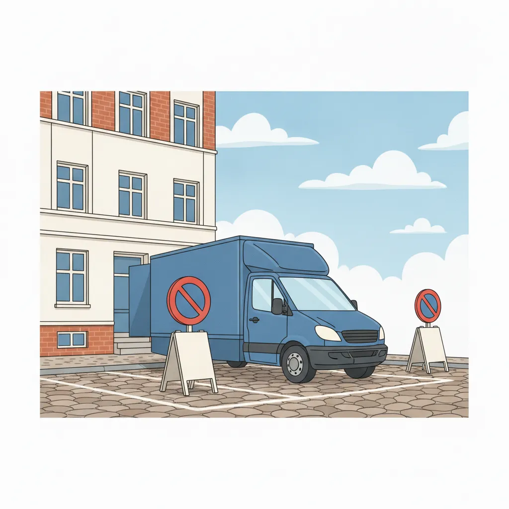 Comic-Illustration: zwei mobile Halteverbotsschilder vor einer Hamburger Altbaufassade, dahinter ein blauer Umzugstransporter – Halteverbotszone für den Umzug in Hamburg