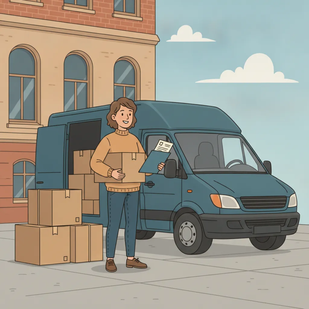 Comic-Illustration: Person mit Umzugskarton und Dokumentenmappe mit Kostenvoranschlag vor einem Hamburger Altbau, daneben ein blauer Transporter – Jobcenter-Umzug in Hamburg