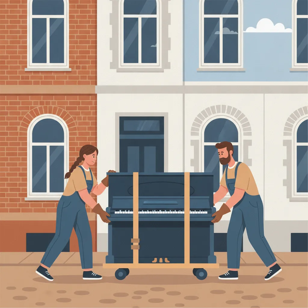Comic-Illustration: zwei Träger rollen ein aufrechtes Klavier auf einem Klavierroller mit Gurten vor einem Hamburger Altbau – Klaviertransport in Hamburg