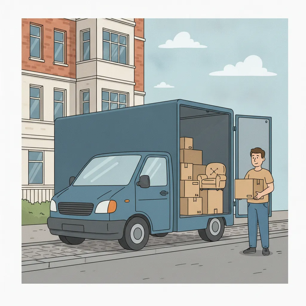 Comic-Illustration: kleiner Transporter lädt in einer Hamburger Straße Umzugskartons und eine Waschmaschine – Kleintransport in Hamburg