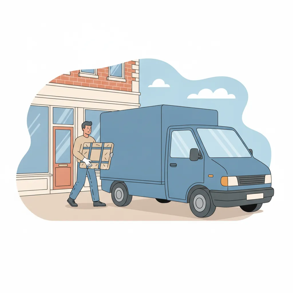 Comic-Illustration: Träger mit Handschuhen trägt ein sorgfältig eingepacktes Gemälde aus einer Hamburger Galerie im Altbau zu einem blauen Transporter – Kunsttransport in Hamburg