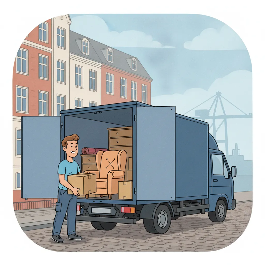 Comic-Illustration: Möbel und Umzugskartons werden zu bereits geladenem Stückgut in einen blauen LKW geschoben, im Hintergrund Hamburger Altbau und Hafenkran – Möbelmitfahrzentrale Hamburg