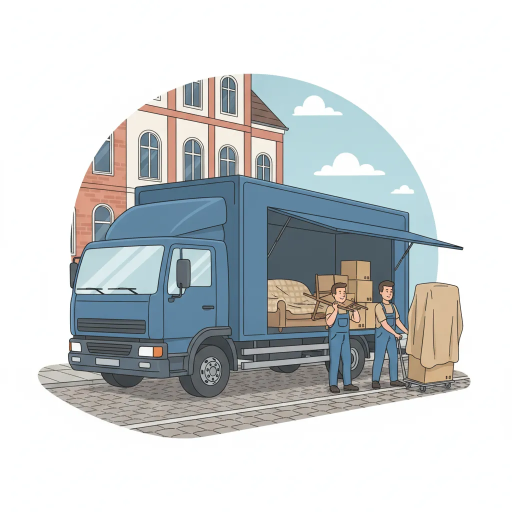 Comic-Illustration: großer blauer Möbelwagen mit zwei Trägern lädt vor einem Hamburger Altbau eine Wohnung ein – Möbelspedition in Hamburg