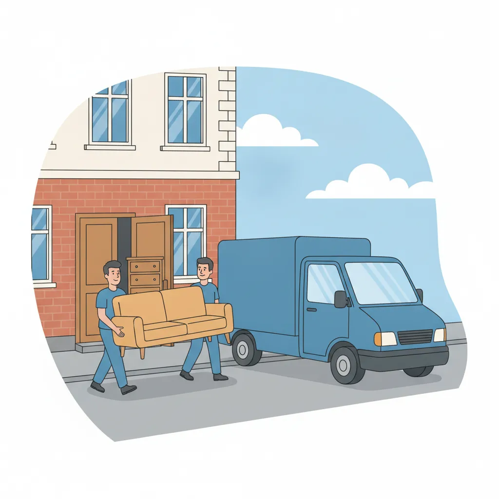 Comic-Illustration: zwei Träger tragen gemeinsam ein Sofa vom kleinen Möbeltaxi-Transporter zur Haustür eines Hamburger Altbaus – Möbeltaxi in Hamburg