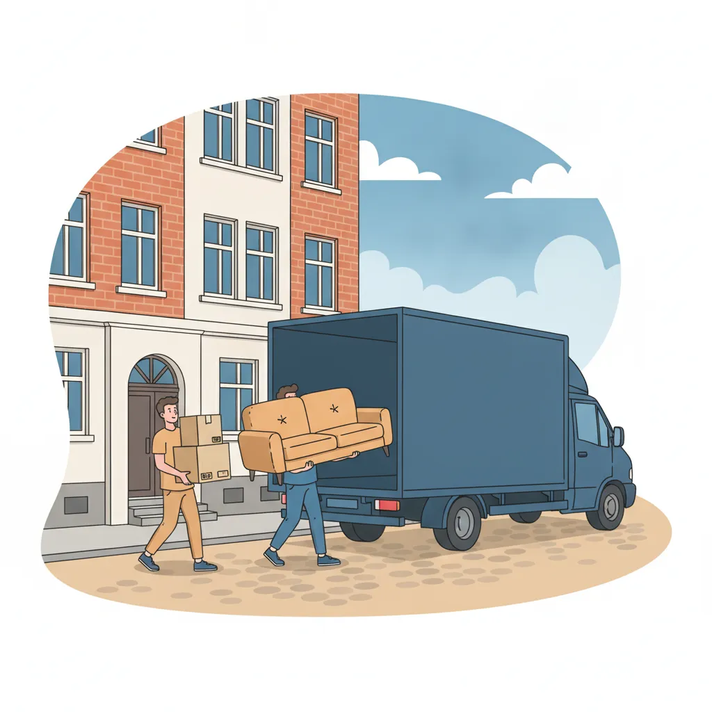 Comic-Illustration: zweiköpfiges Umzugsteam trägt Kartons und ein Sofa aus einem Hamburger Altbau in einen Umzugs-LKW – Privatumzug in Hamburg