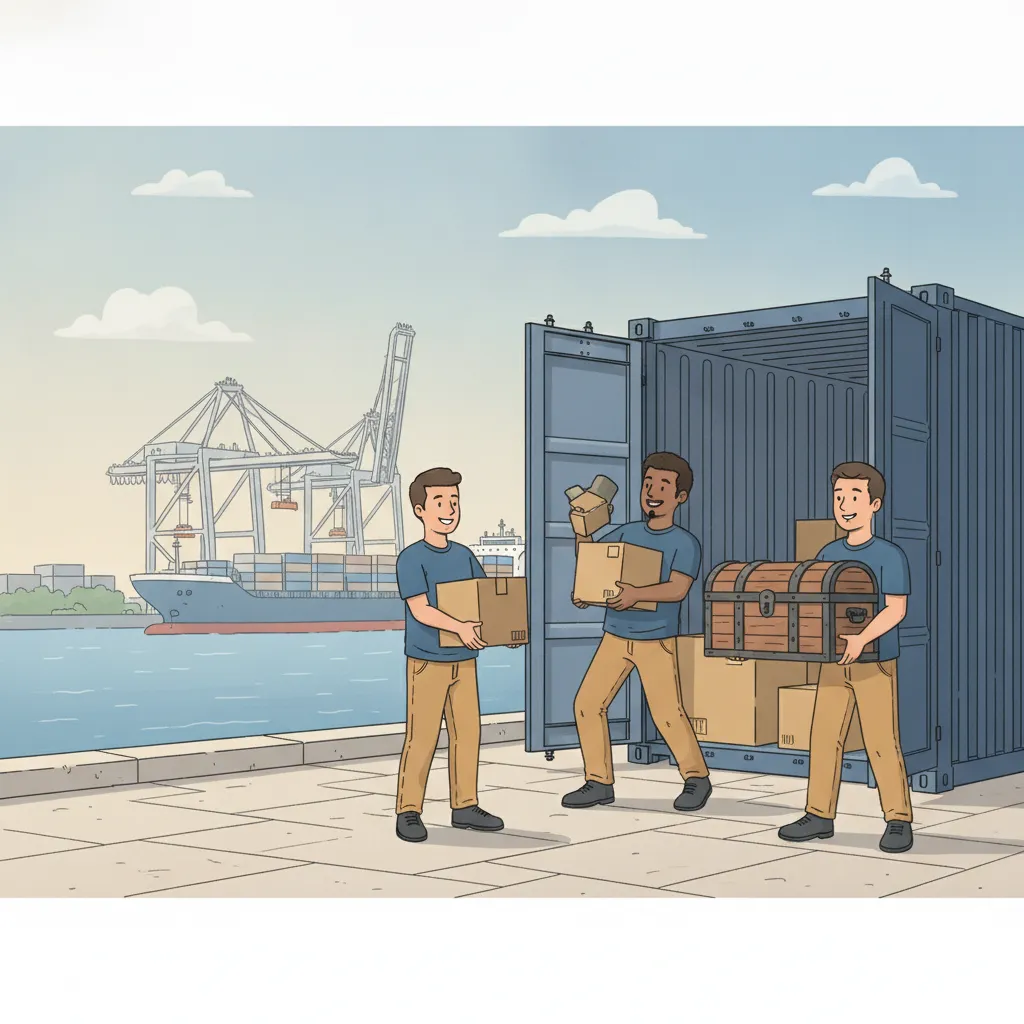 Comic-Illustration: Umzugsteam belädt im Hamburger Hafen einen Seecontainer mit Umzugskartons und einer Seekiste, im Hintergrund Containerkräne und ein Containerschiff – Überseeumzug ab Hamburg