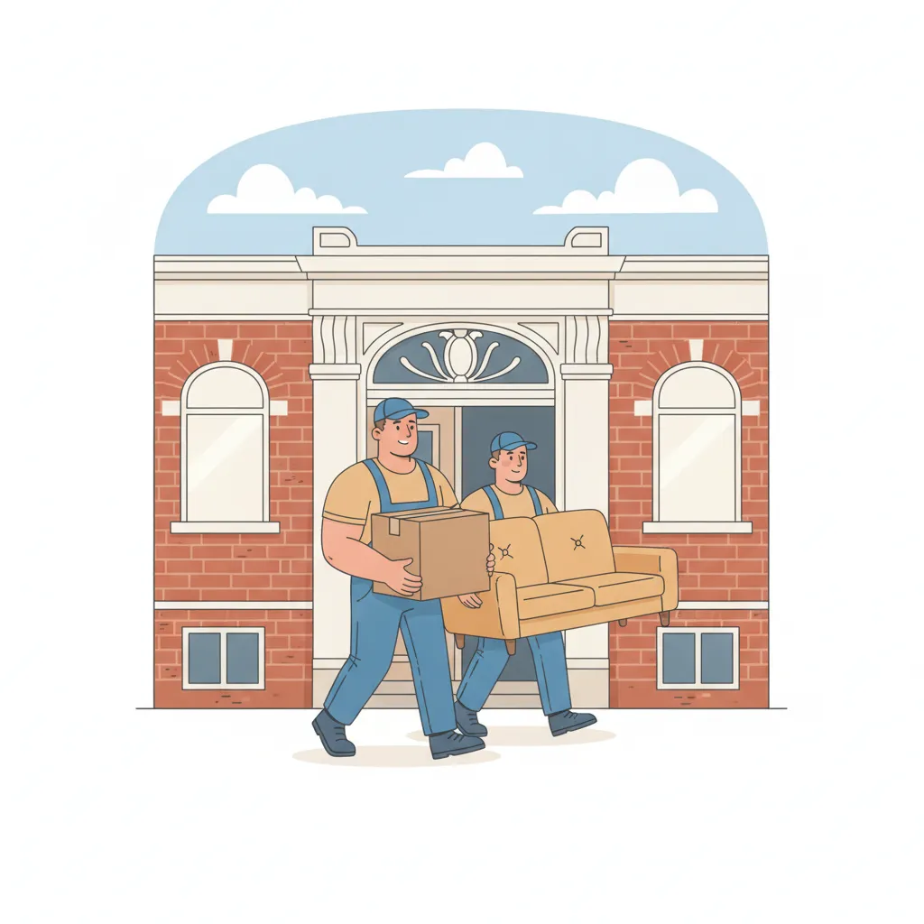 Comic-Illustration: zwei kräftige Umzugshelfer tragen Umzugskartons und ein Sofa aus einem Hamburger Backstein-Altbau – Umzugshelfer in Hamburg