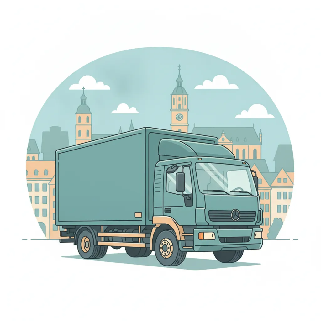 Comic-Illustration: geschlossener Umzugstransporter erreicht Bamberg – Beiladung von Hamburg nach Bamberg
