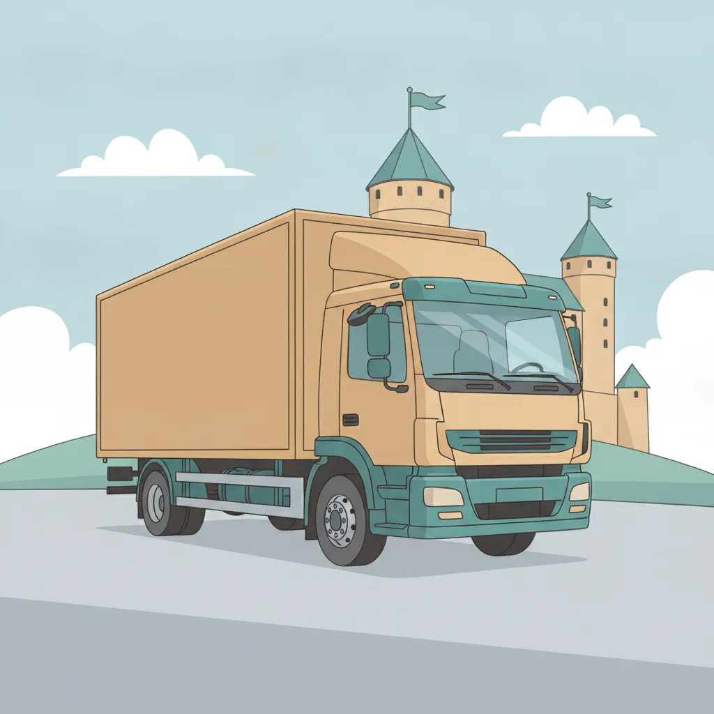 Comic-Illustration: geschlossener Umzugstransporter erreicht Bielefeld – Beiladung von Hamburg nach Bielefeld