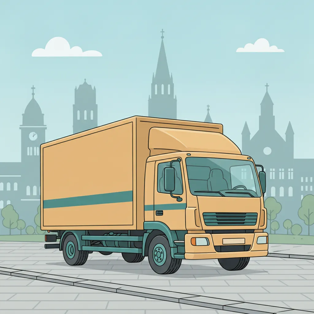 Comic-Illustration: geschlossener Umzugstransporter erreicht Bonn – Beiladung von Hamburg nach Bonn