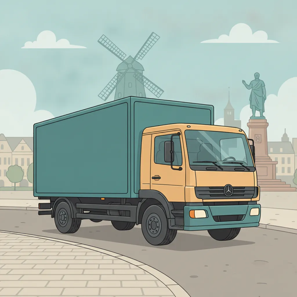 Comic-Illustration: geschlossener Umzugstransporter erreicht Bremen – Beiladung von Hamburg nach Bremen
