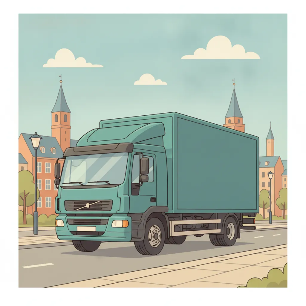 Comic-Illustration: geschlossener Umzugstransporter erreicht Flensburg – Beiladung von Hamburg nach Flensburg