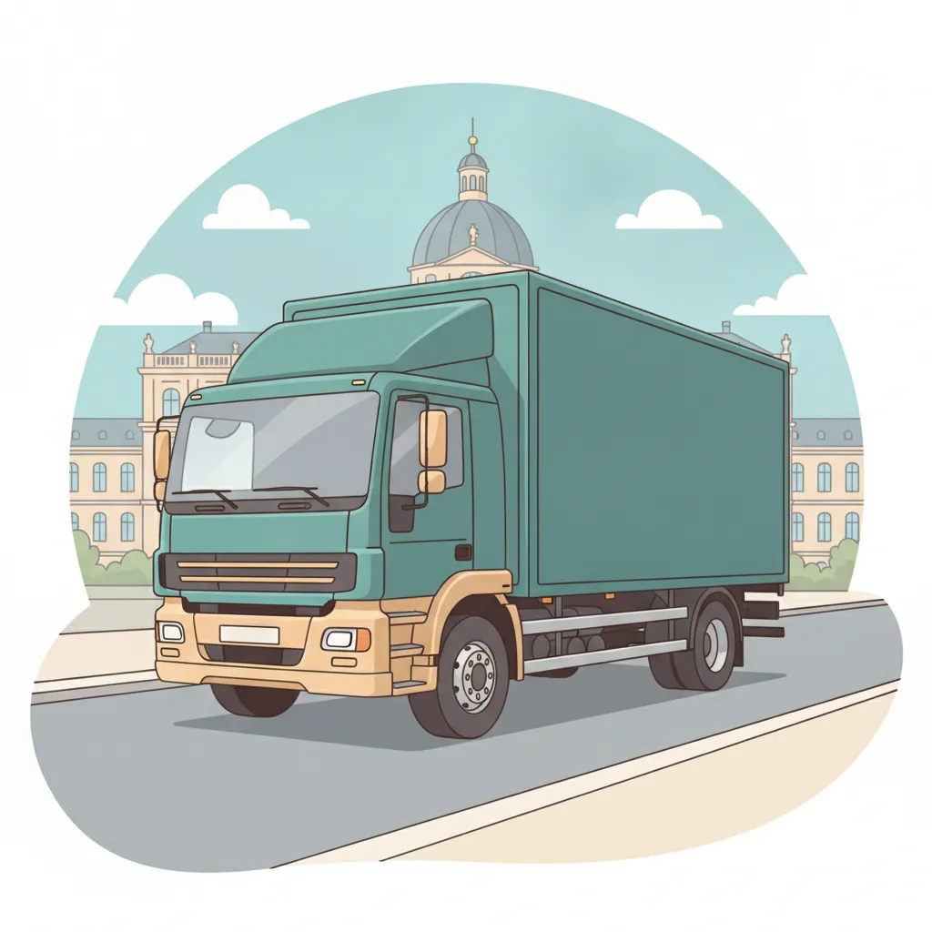 Comic-Illustration: geschlossener Umzugstransporter erreicht Karlsruhe – Beiladung von Hamburg nach Karlsruhe