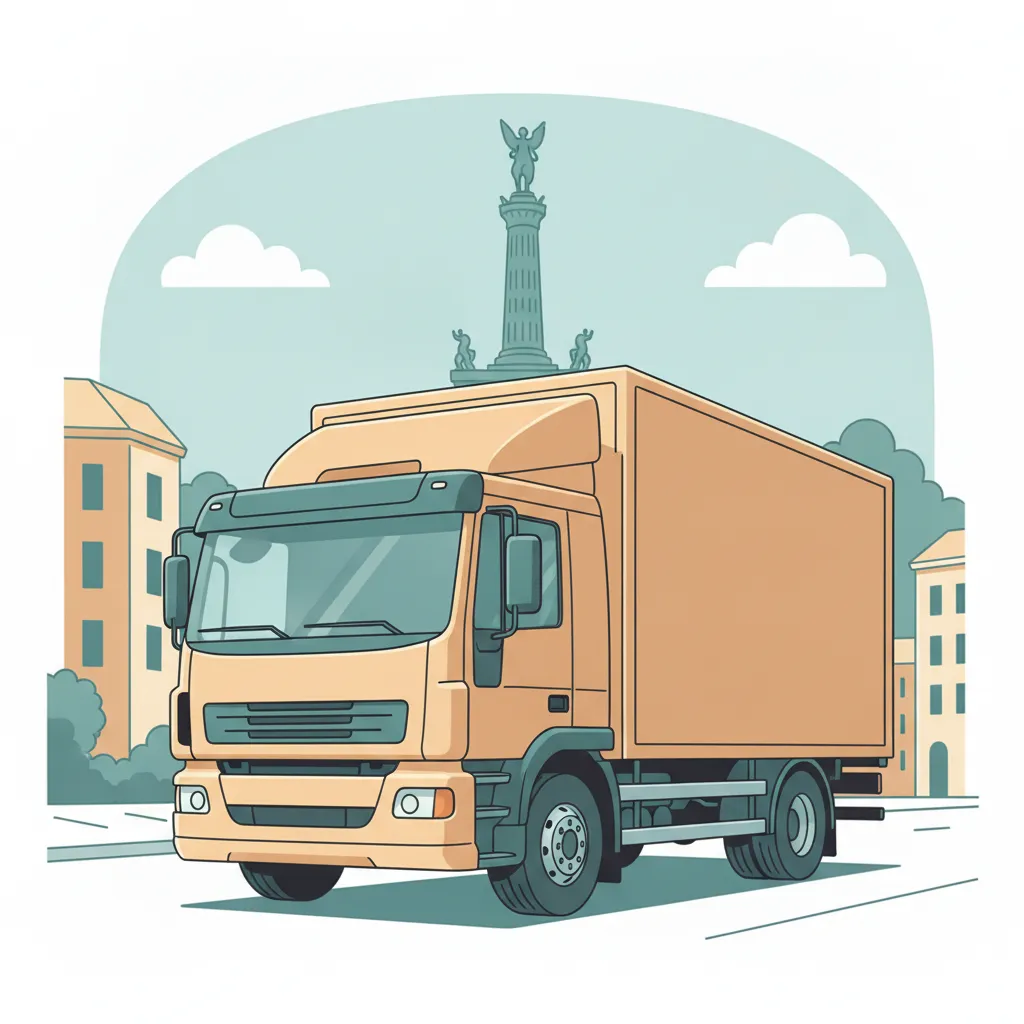 Comic-Illustration: geschlossener Umzugstransporter erreicht Kassel – Beiladung von Hamburg nach Kassel