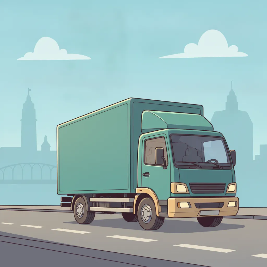 Comic-Illustration: geschlossener Umzugstransporter erreicht Kiel – Beiladung von Hamburg nach Kiel