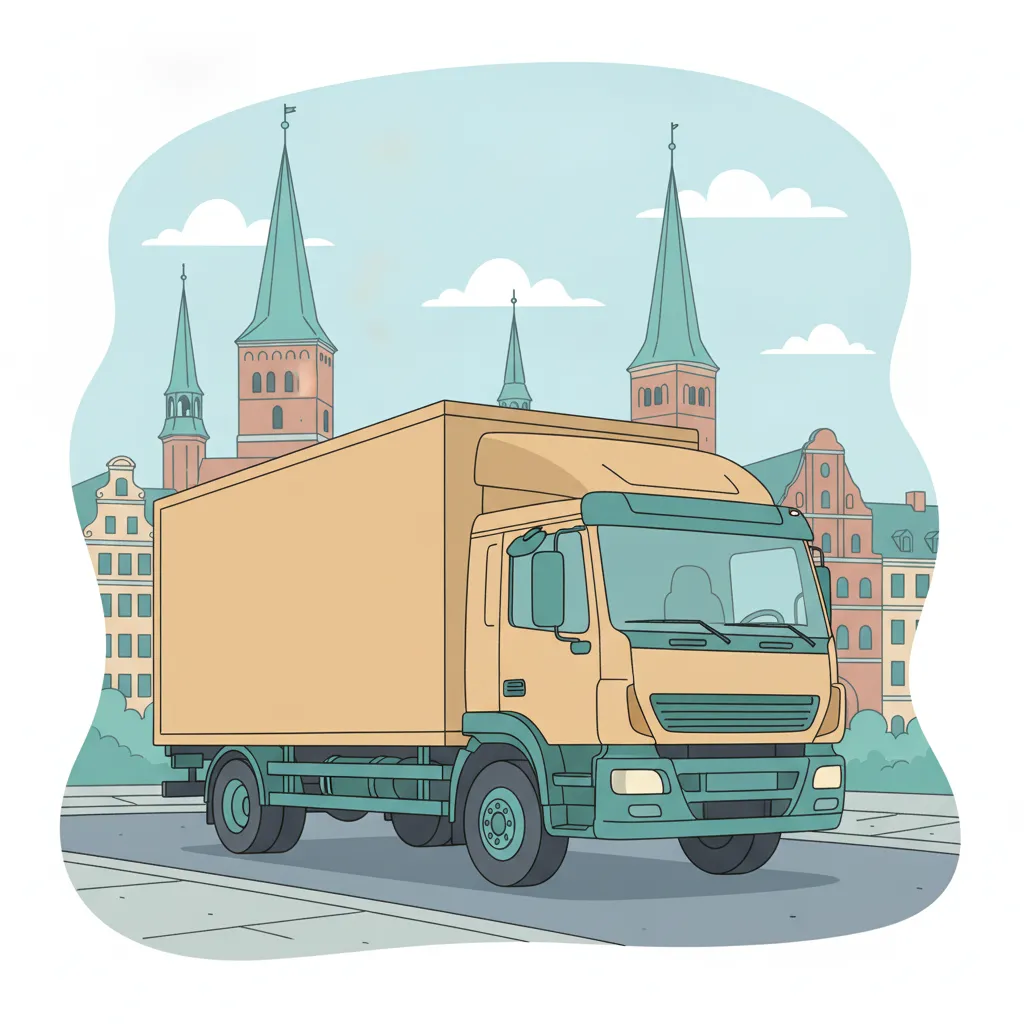 Comic-Illustration: geschlossener Umzugstransporter erreicht Lübeck – Beiladung von Hamburg nach Lübeck