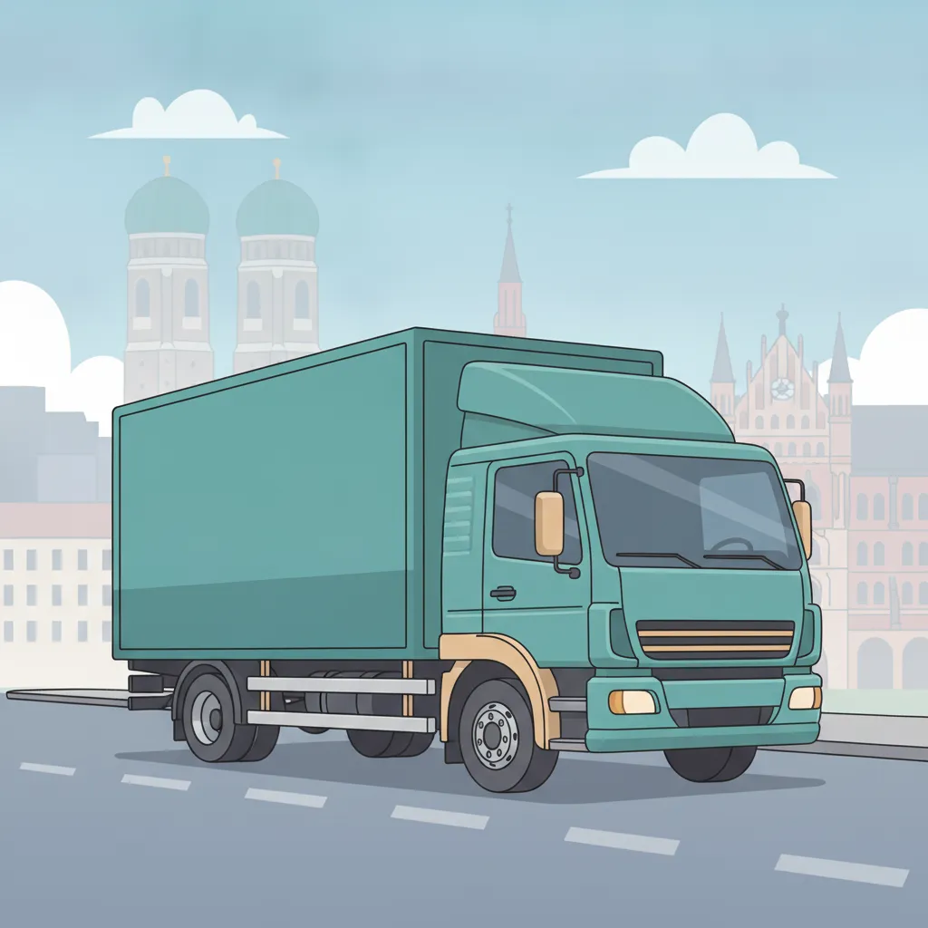 Comic-Illustration: geschlossener Umzugstransporter erreicht München – Beiladung von Hamburg nach München