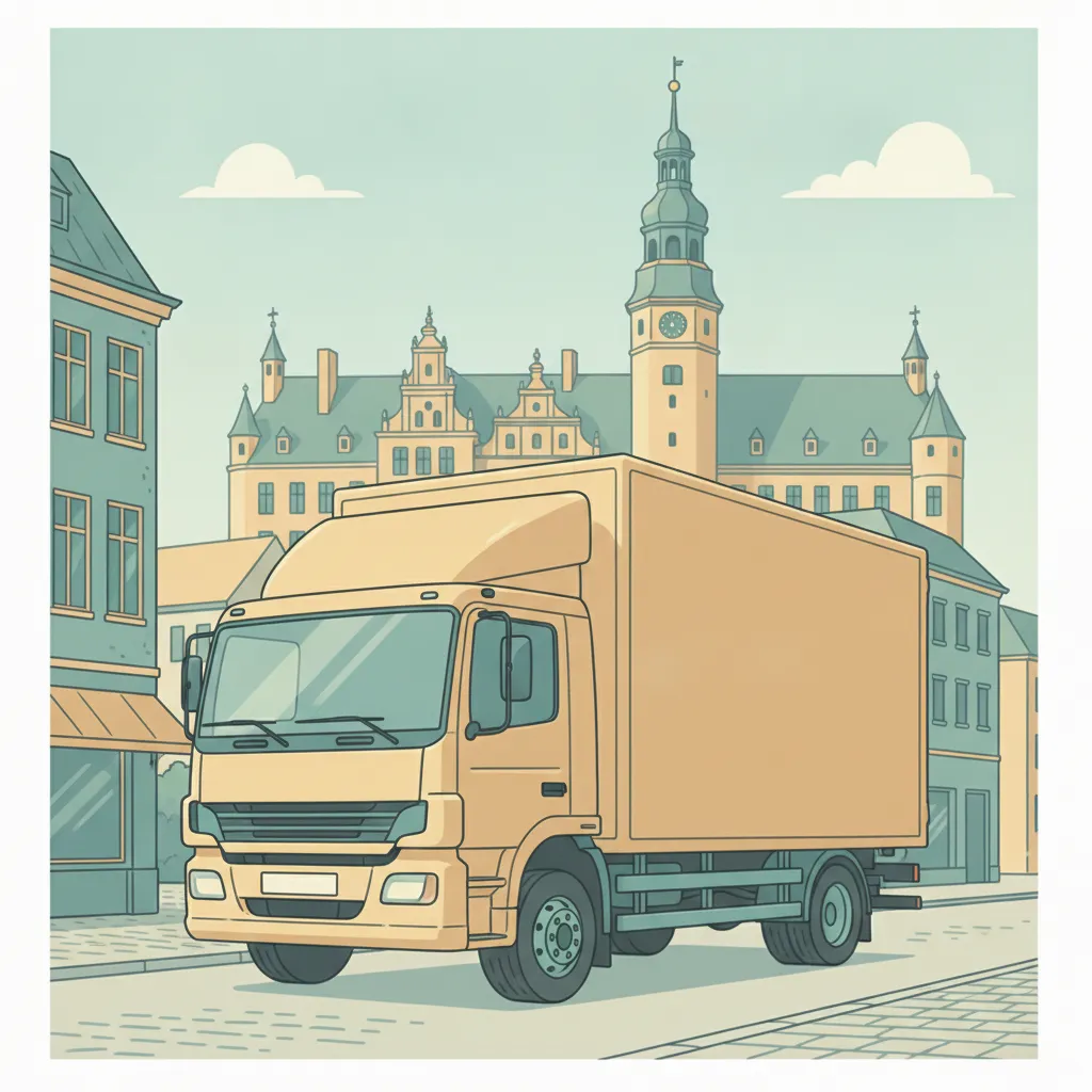 Comic-Illustration: geschlossener Umzugstransporter erreicht Oldenburg – Beiladung von Hamburg nach Oldenburg