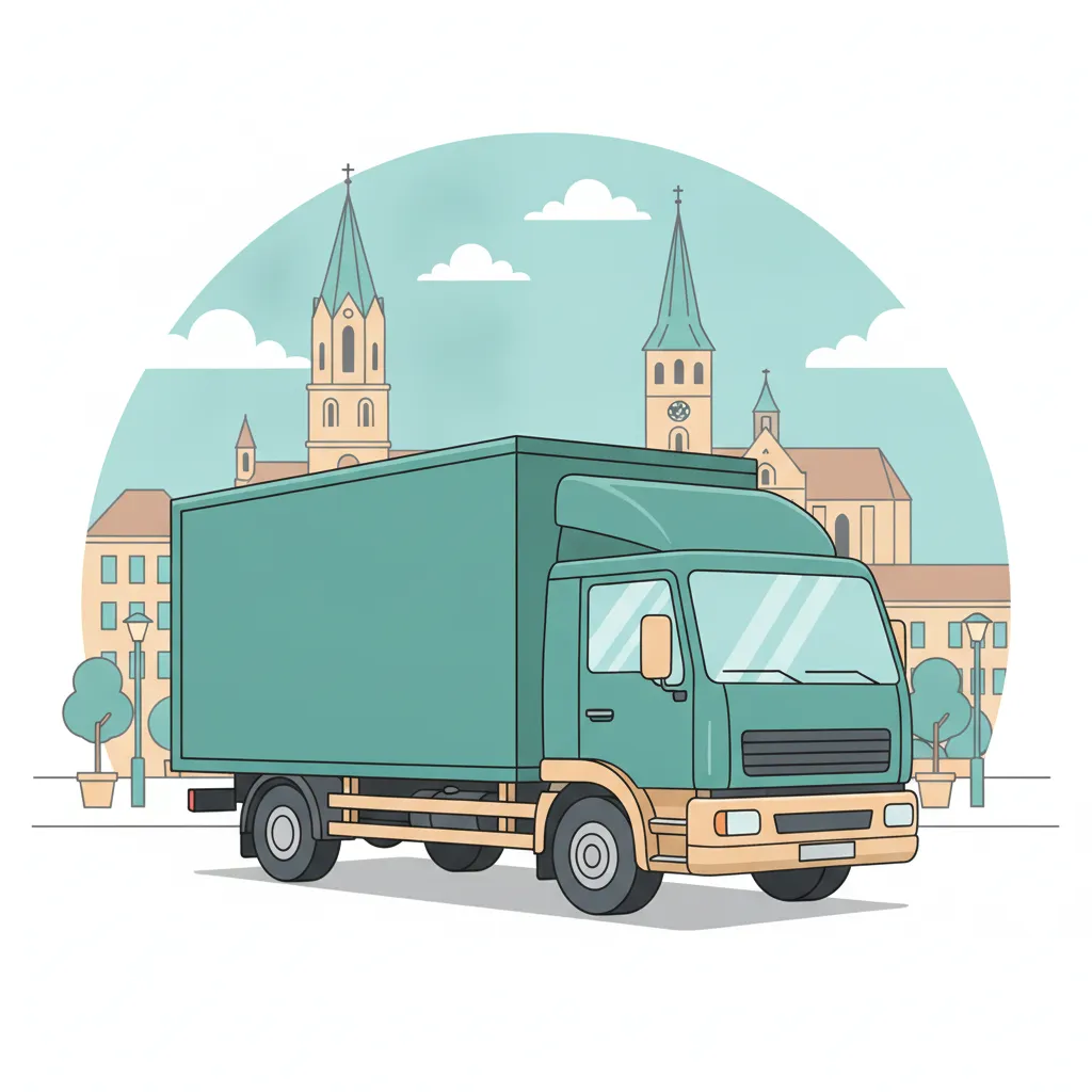 Comic-Illustration: geschlossener Umzugstransporter erreicht Osnabrück – Beiladung von Hamburg nach Osnabrück