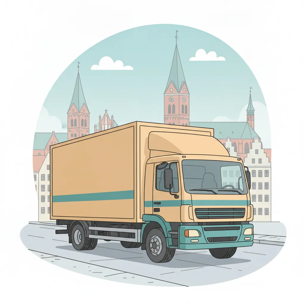 Comic-Illustration: geschlossener Umzugstransporter erreicht Rostock – Beiladung von Hamburg nach Rostock