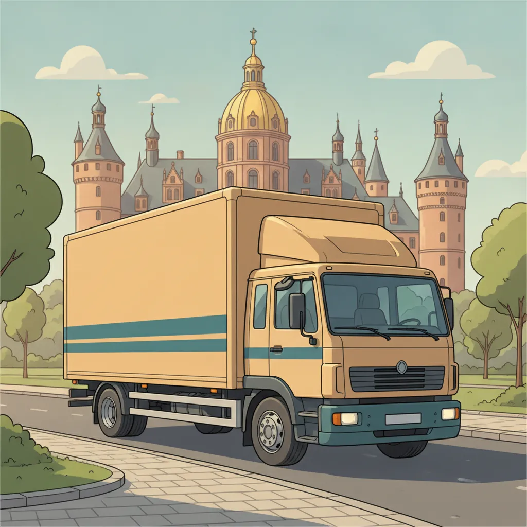 Comic-Illustration: geschlossener Umzugstransporter erreicht Schwerin – Beiladung von Hamburg nach Schwerin