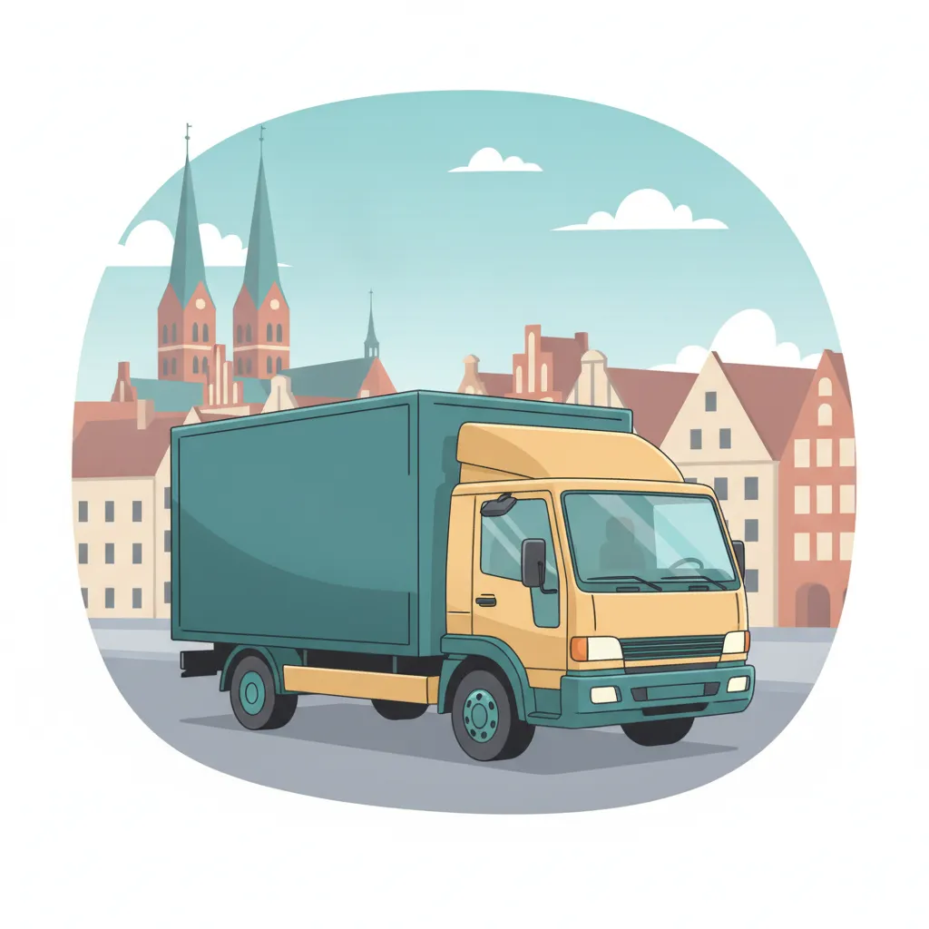Comic-Illustration: geschlossener Umzugstransporter erreicht Stralsund – Beiladung von Hamburg nach Stralsund