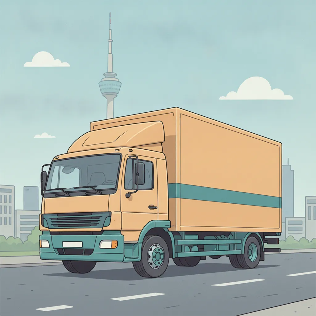 Comic-Illustration: geschlossener Umzugstransporter erreicht Stuttgart – Beiladung von Hamburg nach Stuttgart