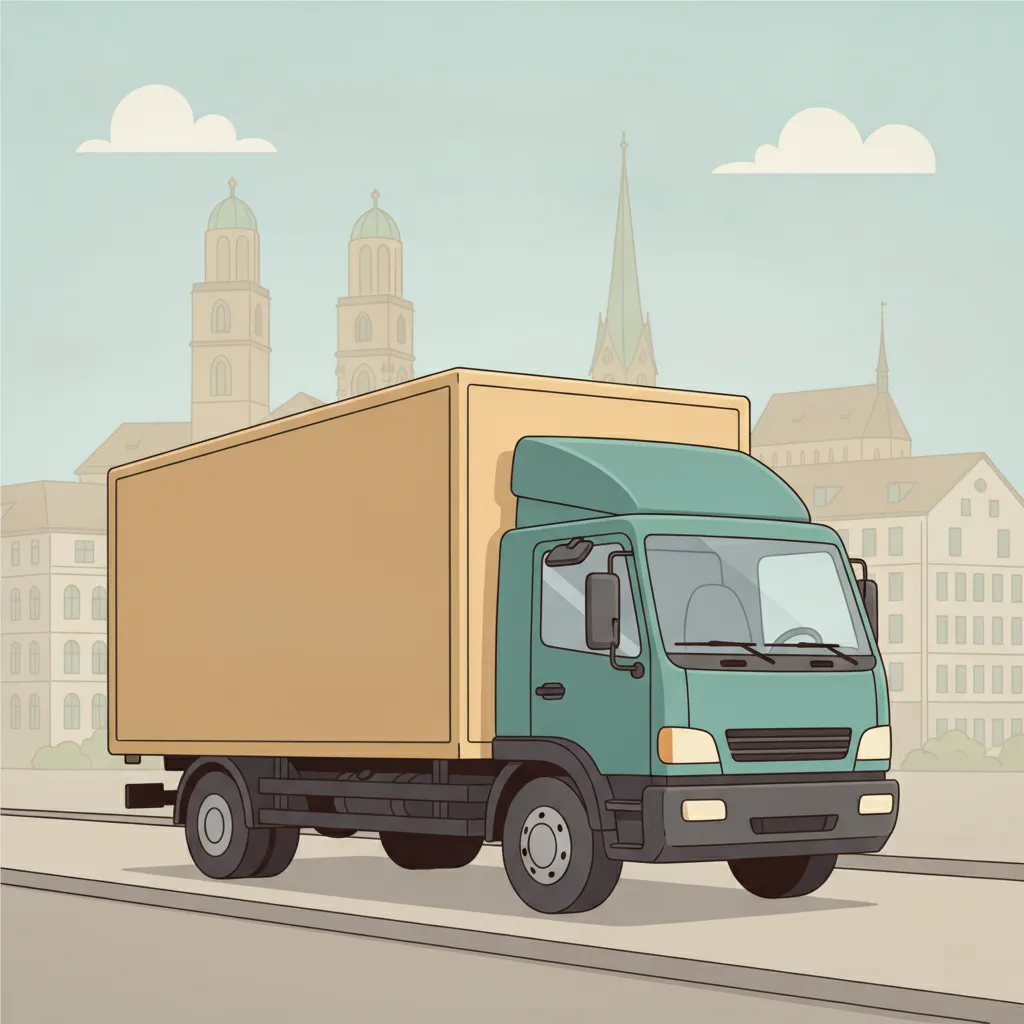 Comic-Illustration: geschlossener Umzugstransporter erreicht Zürich – Beiladung von Hamburg nach Zürich