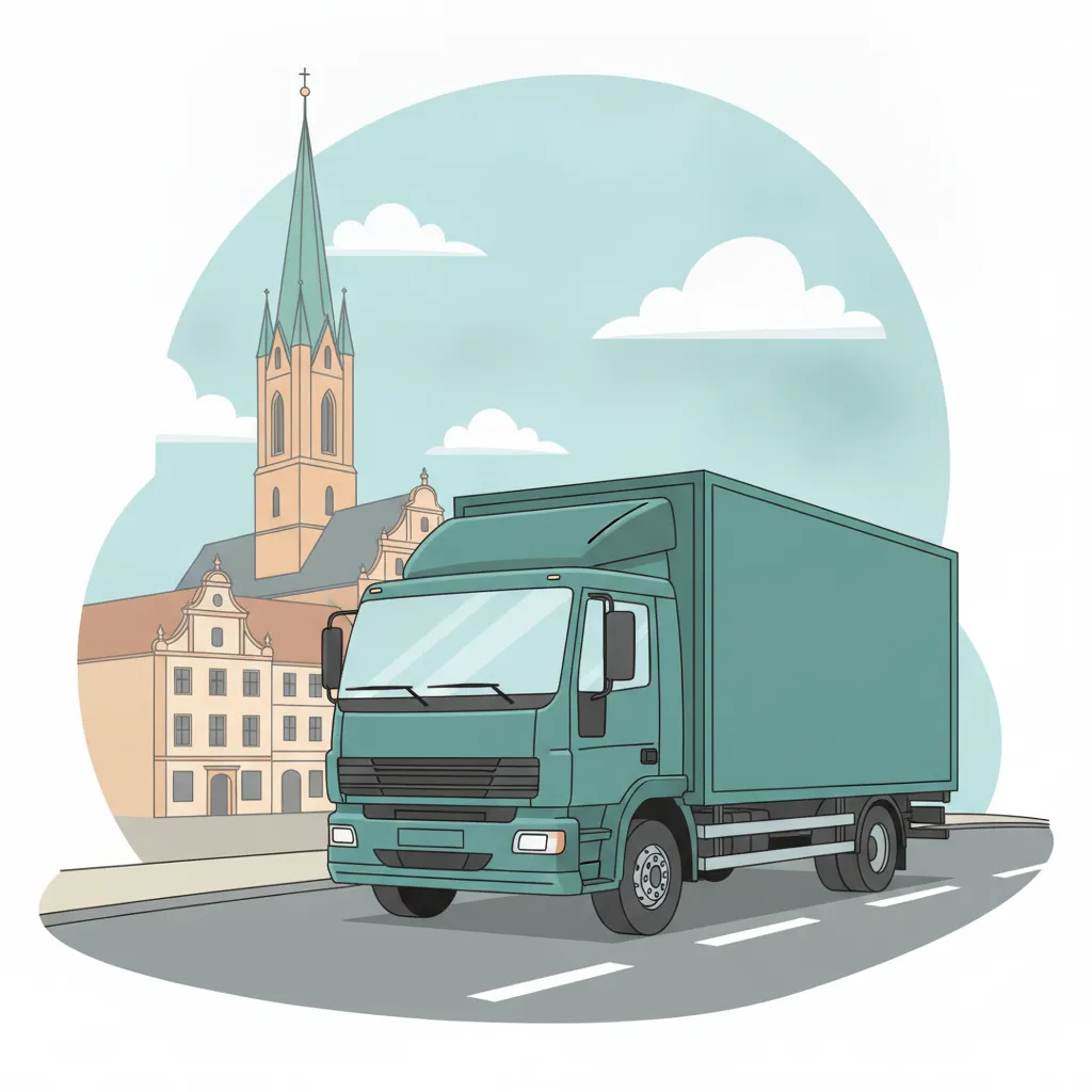 Comic-Illustration: geschlossener Umzugstransporter erreicht Zwickau – Beiladung von Hamburg nach Zwickau